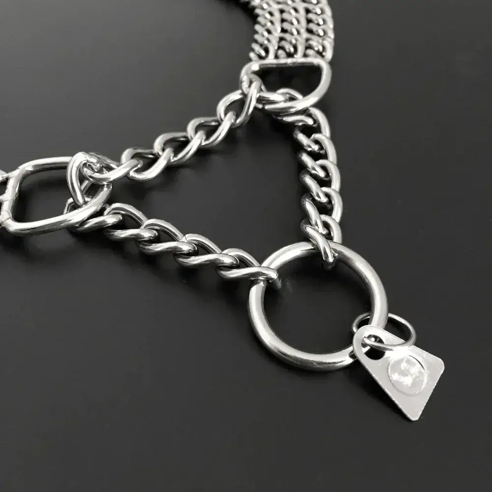 Durable dog training collar with triple-row metal chain.