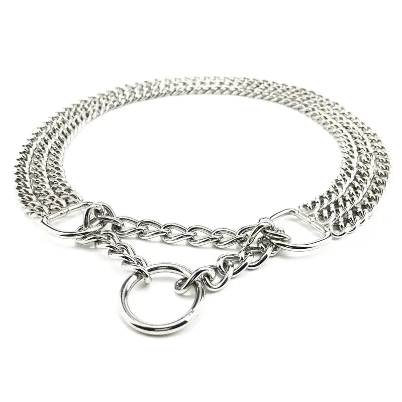 Durable metal dog training collar with triple chain and adjustable buckle.