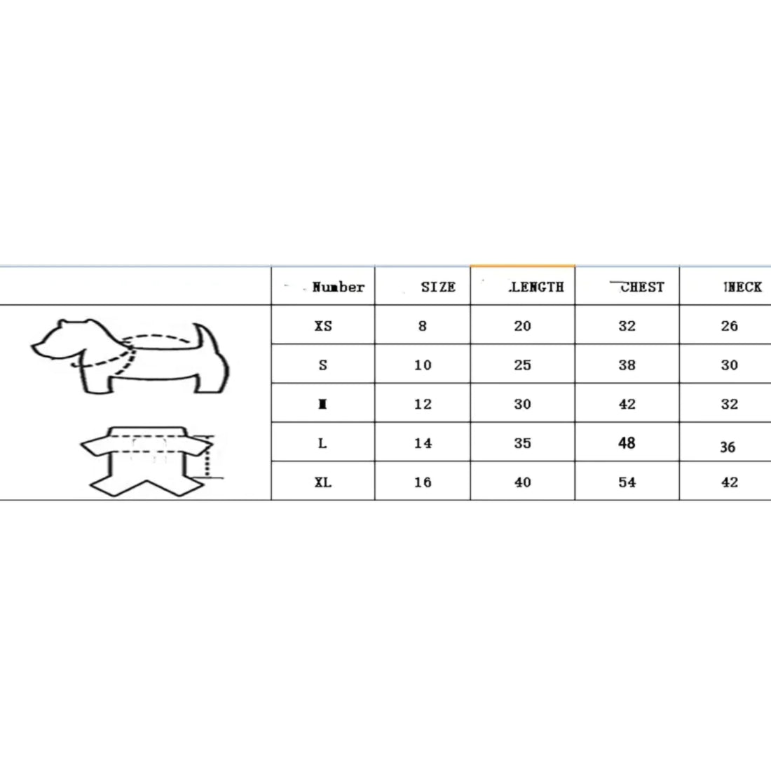 Size chart for small dog festive Christmas pet costume, featuring XS to XL measurements for length, chest, and neck.