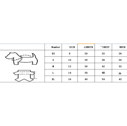 Size chart for small dog festive Christmas pet costume, featuring XS to XL measurements for length, chest, and neck.