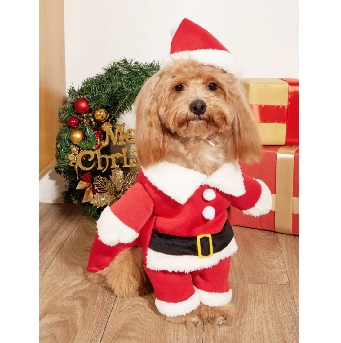 Festive Christmas pet costume for small dogs with soft, festive design.