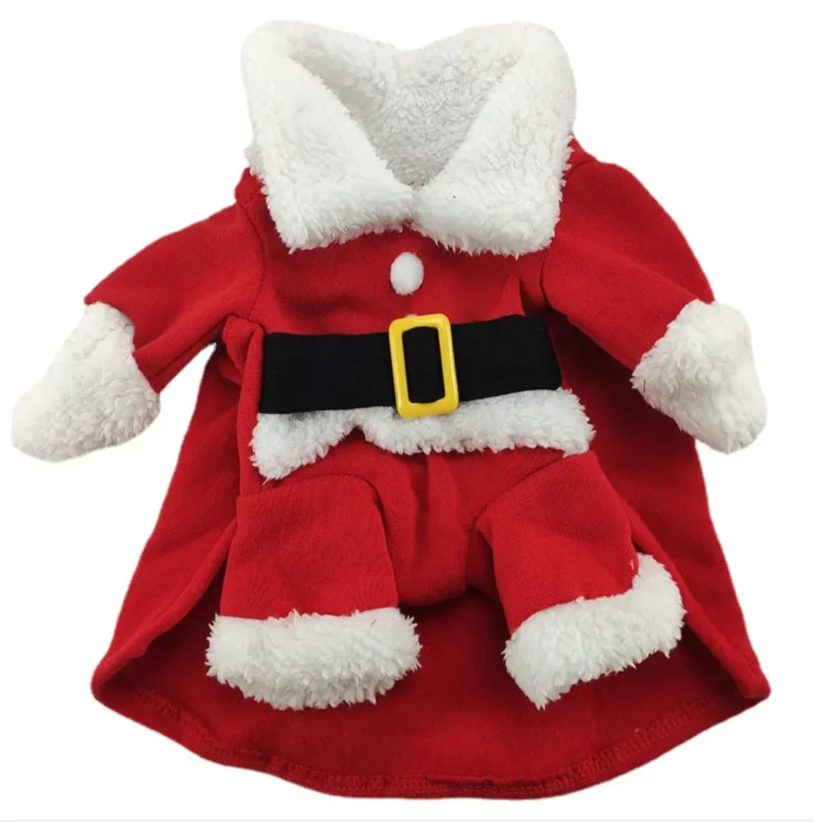 Festive Christmas pet costume for small dogs in red with white trim and black belt.